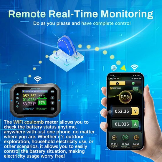 Batterijmonitor - Accubewaker - Batterijstatus controleren - Afstandsbediening via app - 10-100V 600A - Zwart — afbeelding 3