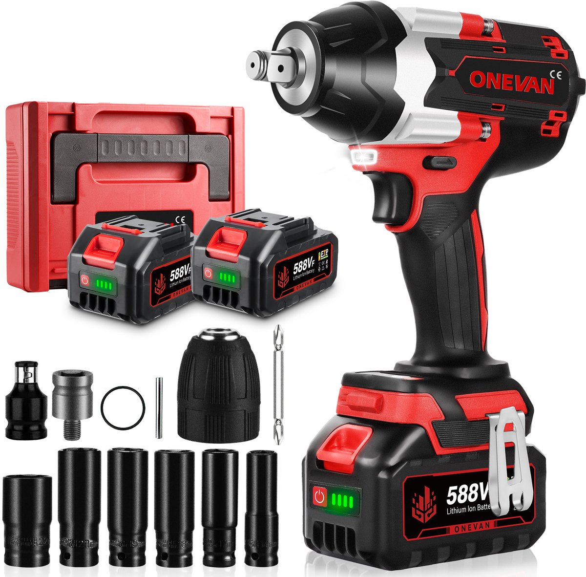ONEVAN Accu Slagmoersleutel - 1800 Nm Borstelloze Slagmoersleutels - Incl. 2x Accu's en 12x Accessoires - 1/2 inch Slagschroevendraaier - voor Autoreparatie