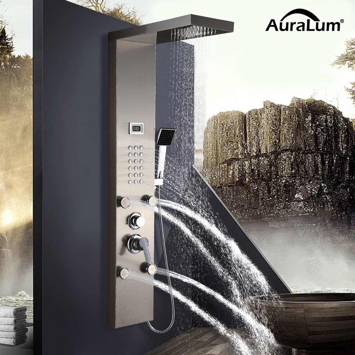 Lonheo RVS Douchepaneel - 4 Waterfuncties - LCD Display - Spa Massage Jets - Geborsteld Staal - Handdouche - Waterbesparend