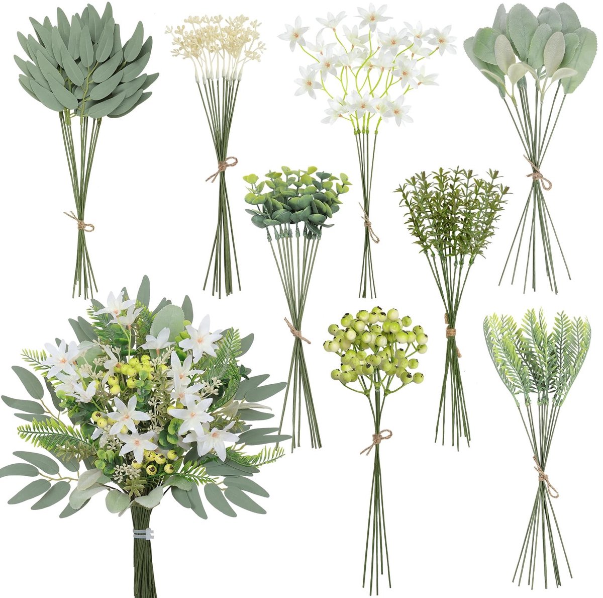 Cosensi - Kunstbloemen - Decoratieve Planten - Perfect voor Bruiloften - Groen en Wit - DIY Boeket - Geschikt voor Binnen en Buiten - 70 Stuks