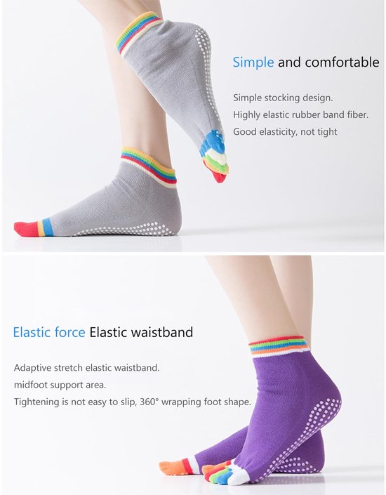 Allecto - Antislip yogasokken - Teensokken voor dames - Rood, grijs en paars - Ideaal voor yoga - Comfort en grip - 3 paar van allecto — afbeelding 3