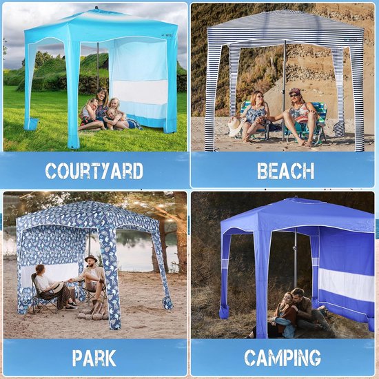 Strandtent - Strandcabana Zonnescherm - Bescherming tegen de zon - Afneembare zonnewand - 6ft x 6ft - Blauw gestreept — afbeelding 3