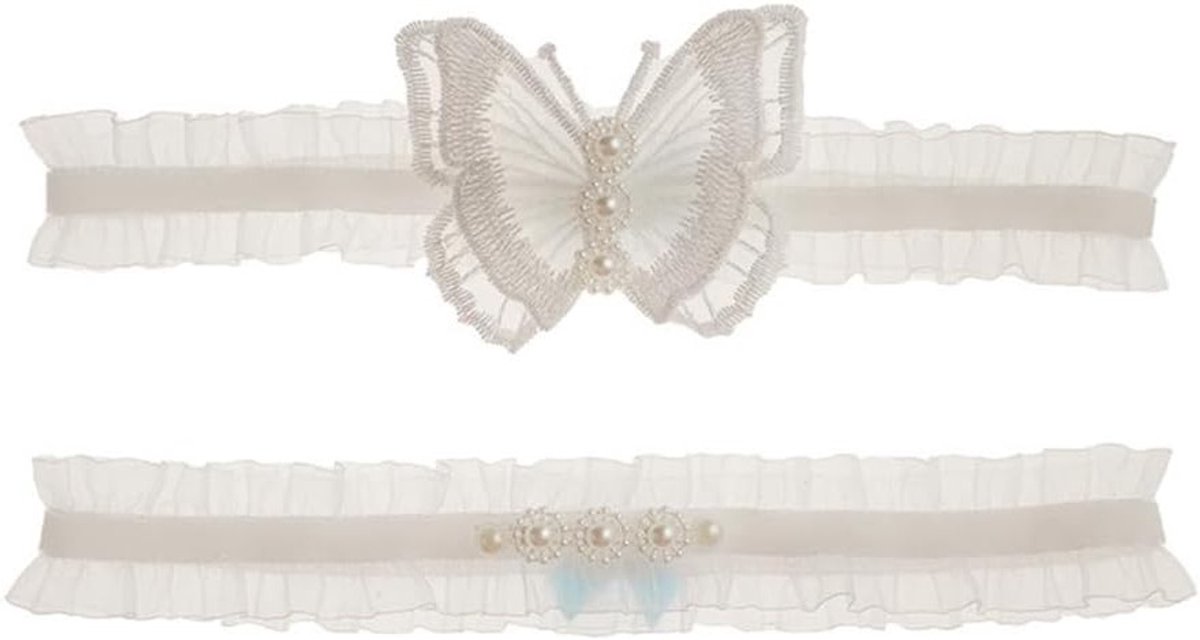 Elegante Bruidsband van Wit Kant met Parels en Geborduurde Vlinder - 2 Stuks Bruiloft Accessoires voor Vrouwen en Meisjes