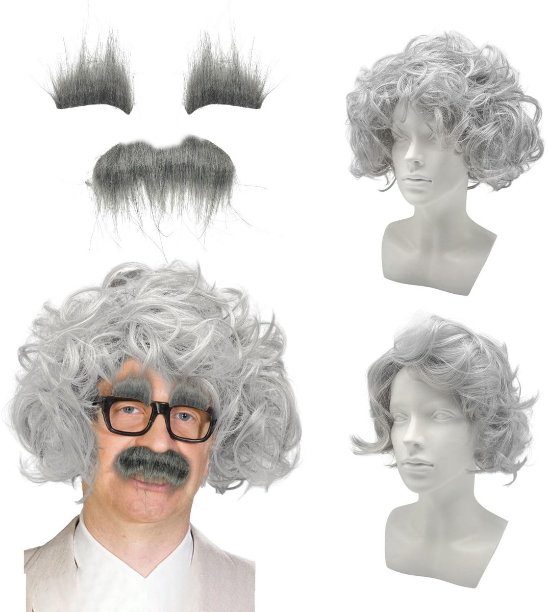 Old Man Kostuum Set met Grijze Perücke en Snor voor Cosplay en Feestjes