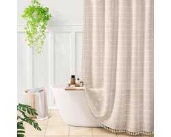 Awellife Linen Shower Curtain Plaid Beige Boho Farm Shower Curtains for Bathroom Natural Cloth Cotton Fabric Cream 72x78cm