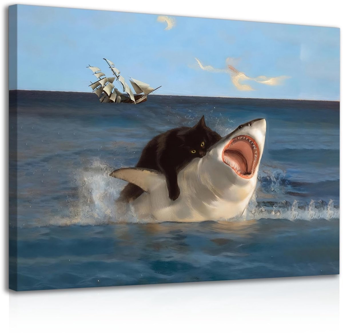 Cosensi - Framed Funny Cat and Shark Wall Art Print - Quirky Wanddecoratie - 12x16 inch - Dierenmotief - Perfect voor slaapkamer en badkamer