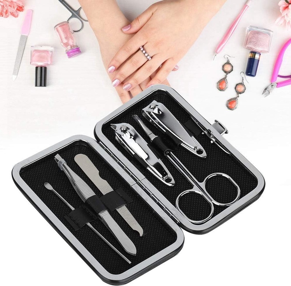 Complete Manicure Set met 6 Stukken - RVS Nagelschaar, Nagelknippers en Pedicure Gereedschap in Handige Reisdoos voor Perfecte Nagelverzorging