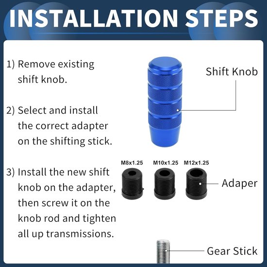 Auto Shift Knop, 9,5 cm Universeel voor Automatische en Handmatige Voertuig Versnellingspook Knop met 3 Adapter Aluminiumlegering Blauw, 1 Set — afbeelding 5