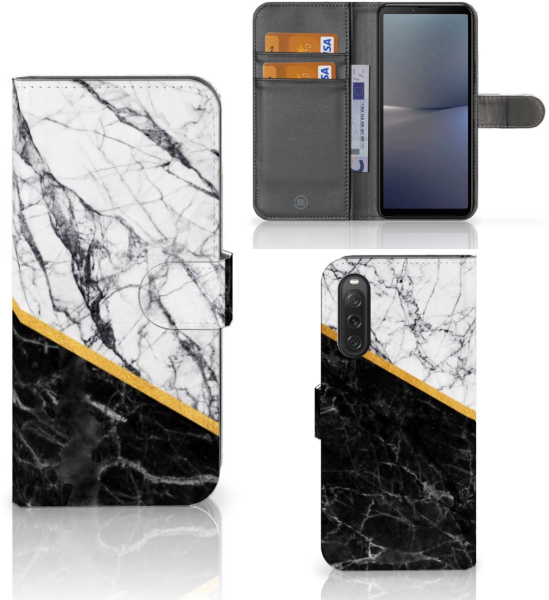 Sony Xperia 10 V Bookcase Marmer Wit Zwart - Origineel Cadeau Man