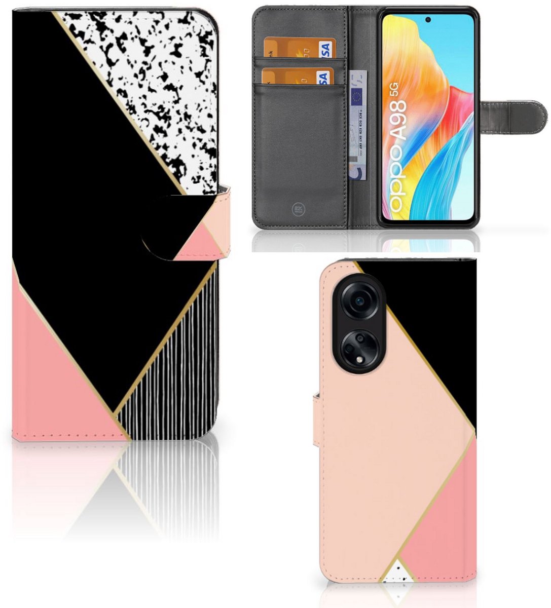 OPPO A98 5G Book Case Zwart Roze Vormen