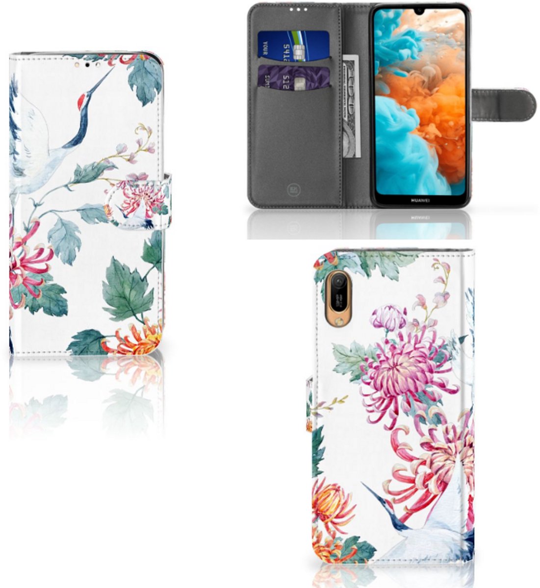 Huawei Y6 (2019) Telefoonhoesje met Pasjes Bird Flowers
