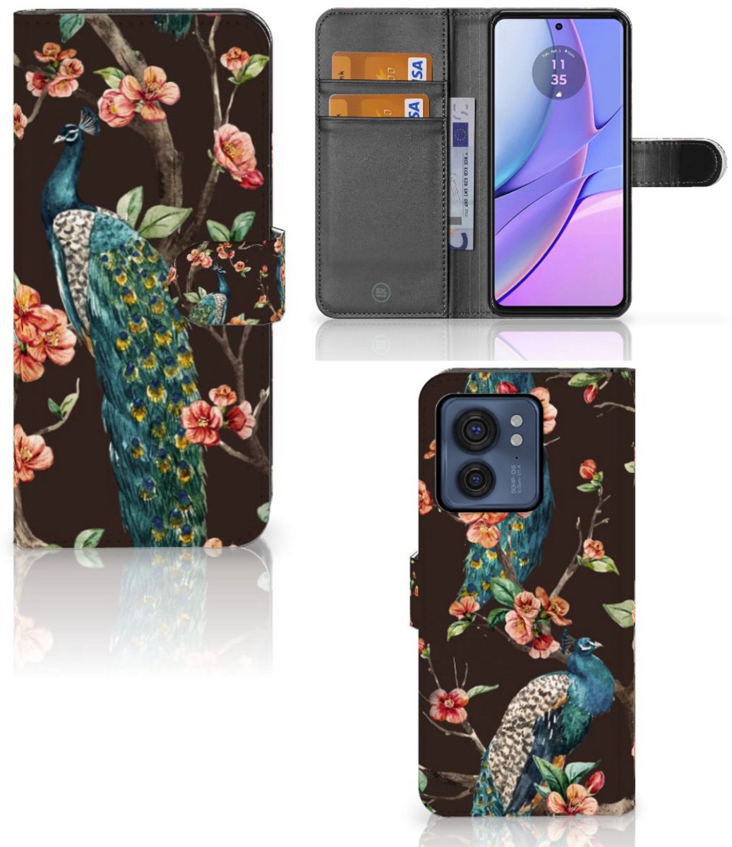 Motorola Edge 40 Telefoonhoesje met Pasjes Pauw met Bloemen