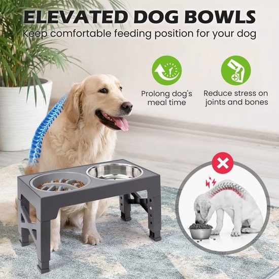Grijze, verhoogde dubbele voerbak met slow feeder voor comfortabel eten. Een hond eet ervan. Illustratie toont verminderde stress op gewrichten.