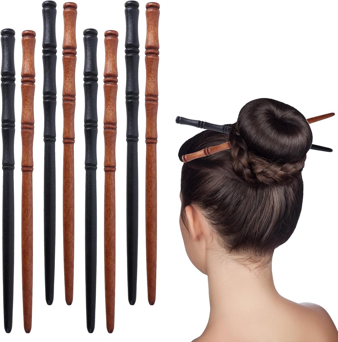 Allecto Plus - Set van 8 houten haarstokken bamboestokjes voor elegante knoten - haaraccessoires in 2 kleuren - Haarstyling accessoires combineren schoonheid en functionaliteit