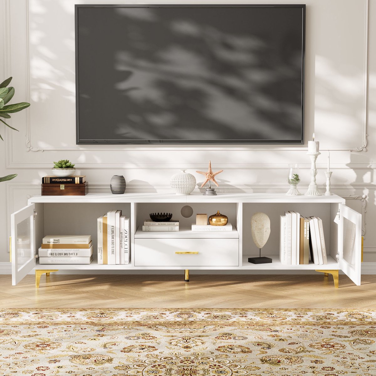 VOWNER tv-meubel, laag meubel voor tv's tot 65 inch, met open opbergruimte en lades, voor woonkamer en slaapkamer, 150x35x43cm, wit