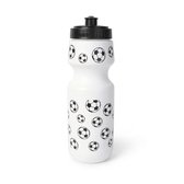 Witte bidon met een print van zwarte voetballetjes, met zwarte dop, op een witte achtergrond.