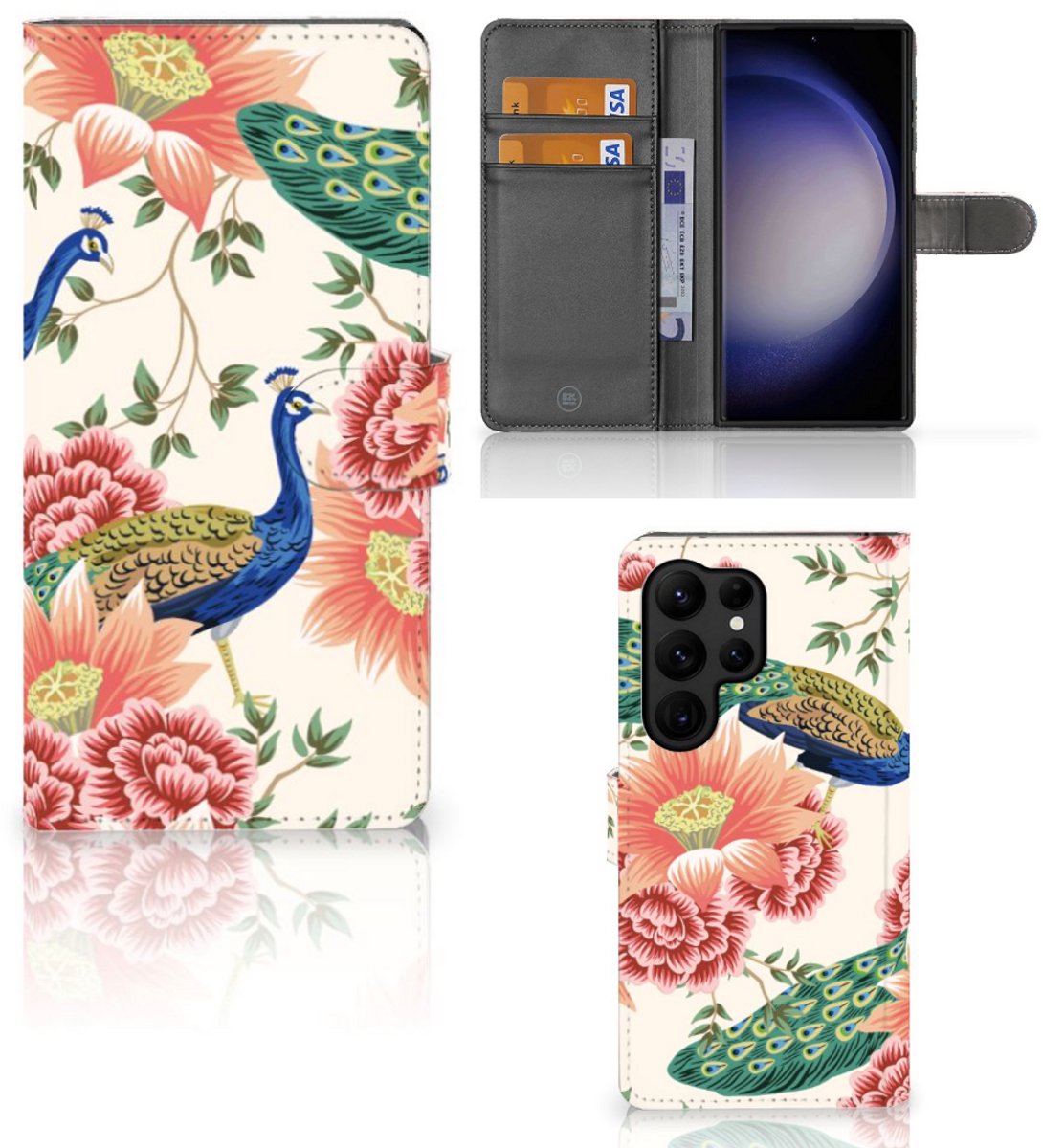 Telefoonhoesje met Pasjes voor Samsung Galaxy S23 Ultra Pink Peacock