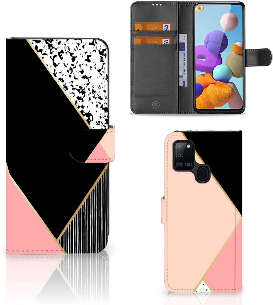 Samsung Galaxy A21s Book Case Zwart Roze Vormen