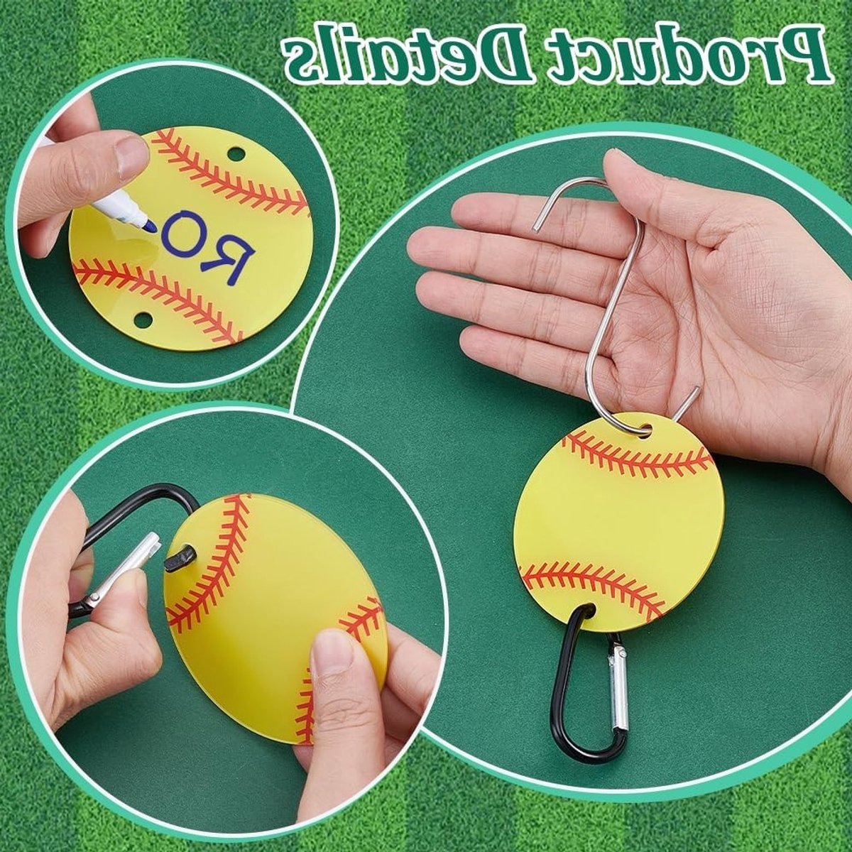 8 Sets Bag Haak voor Hek, Acryl Sportbal Haken met Sterke S-Haken en Sleutelhangers voor Sporters, Ideaal voor Rugzak en Waterfles, Geel, 75x2.6mm, Gat: 2.6mm