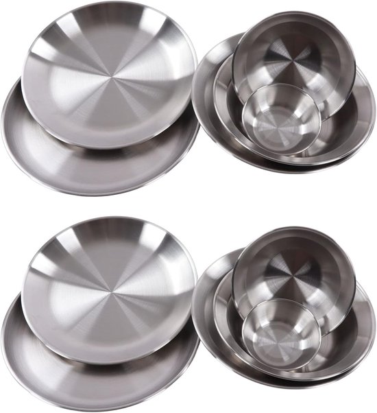 Roestvrijstalen Campingborden en Kommen Set - Draagbaar Servies Kookgerei - Outdoor Opbergtas - 12-delige Kampeer Schotel Set - Backpacken, Kamperen, Wandelen - Strand Servies - RVS Borden - 3,5 tot 9,1 Inch - Buiten Gebruik - Compacte Opbergzak — afbeelding 5
