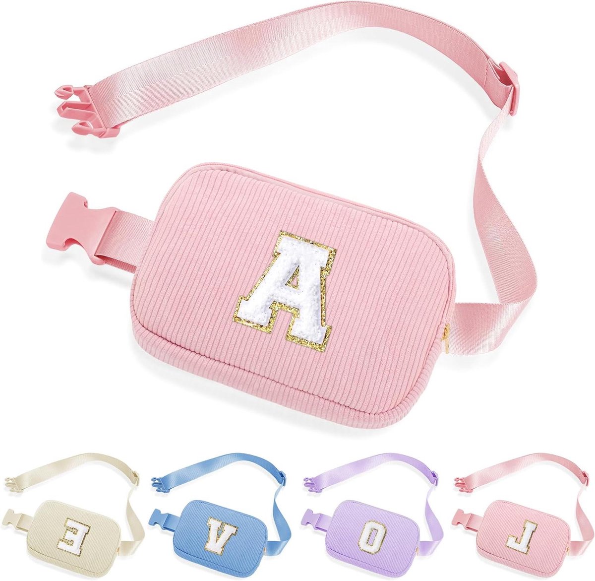 Gordijn Tas - Heuptasje Sling Bag - Persoonlijke Spullen Dragen - Handgestikte Initiaal - 205cm x 5cm x 14cm - Roze