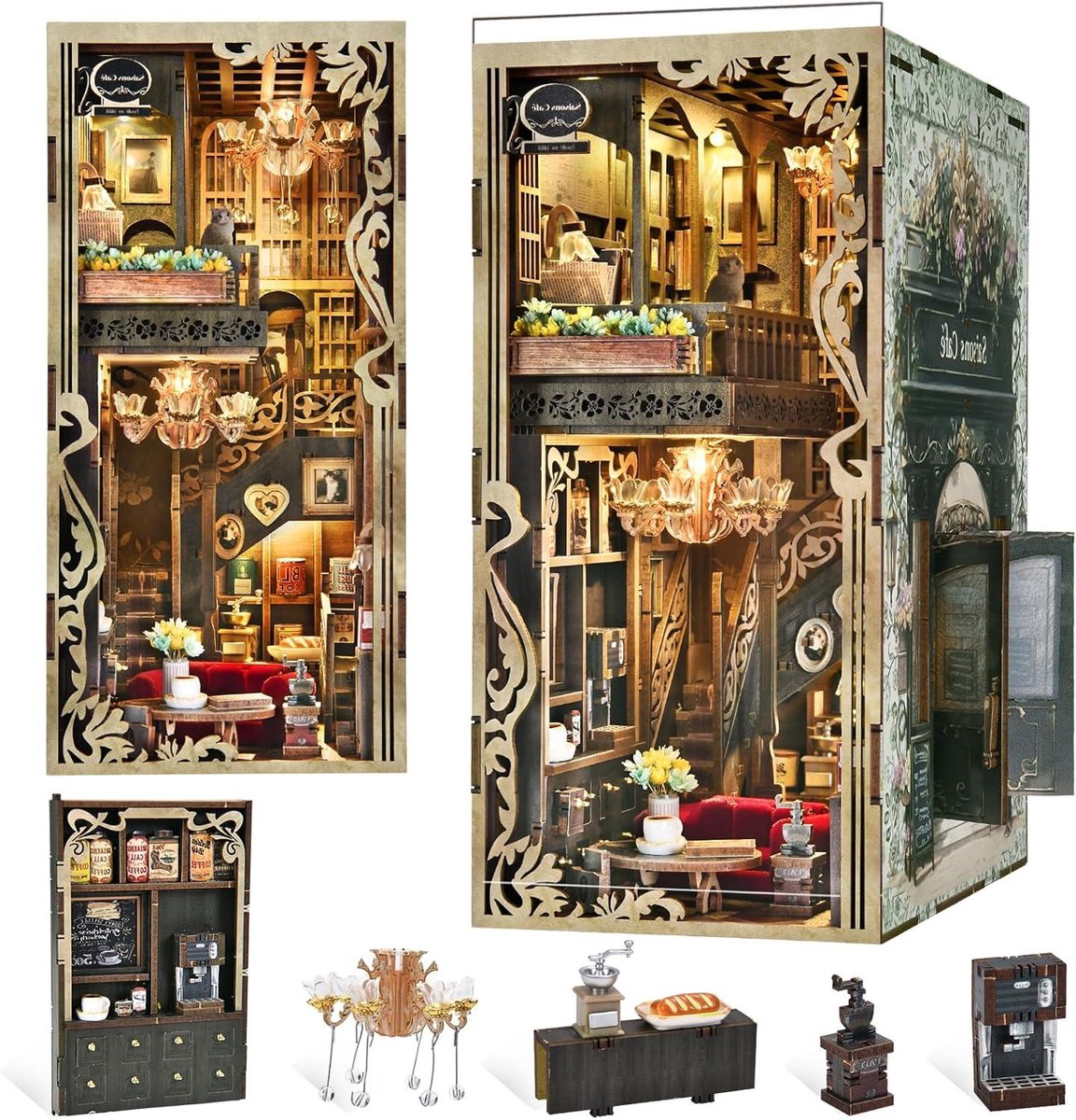 Boekenhoek Miniatuur - Poppenhuis Café - Huis Decoratie - Met LED Verlichting - 146 Kilogram - Warm Neutraal