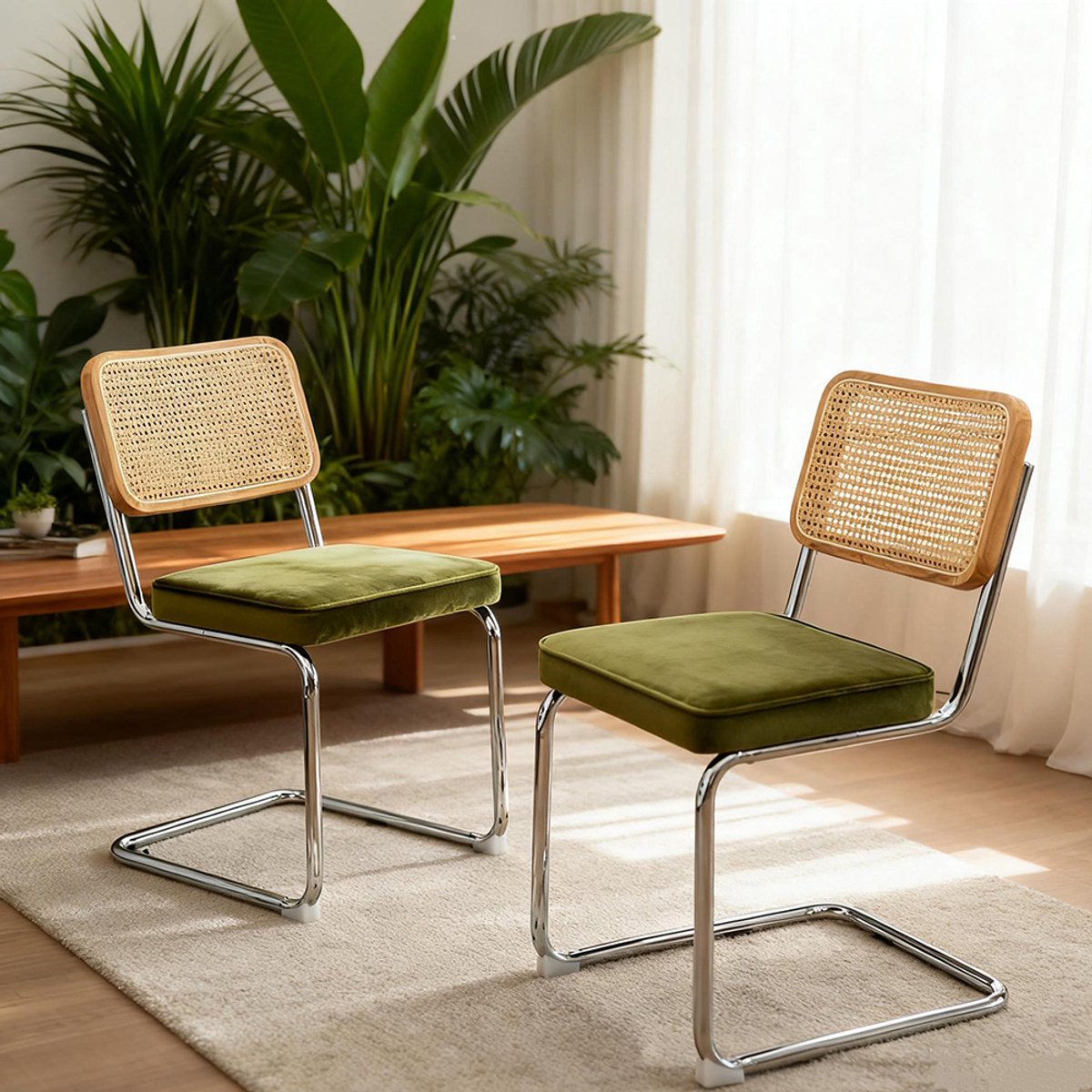 BLACKCOLORS Set van 2 eetkamerstoelen, bijzetstoelen van rotan en fluweel met verchroomde poten, moderne stoelen in mid-century-stijl ontworpen door Breuer, gestoffeerde stoelen voor eetkamer, woonkamer en keuken