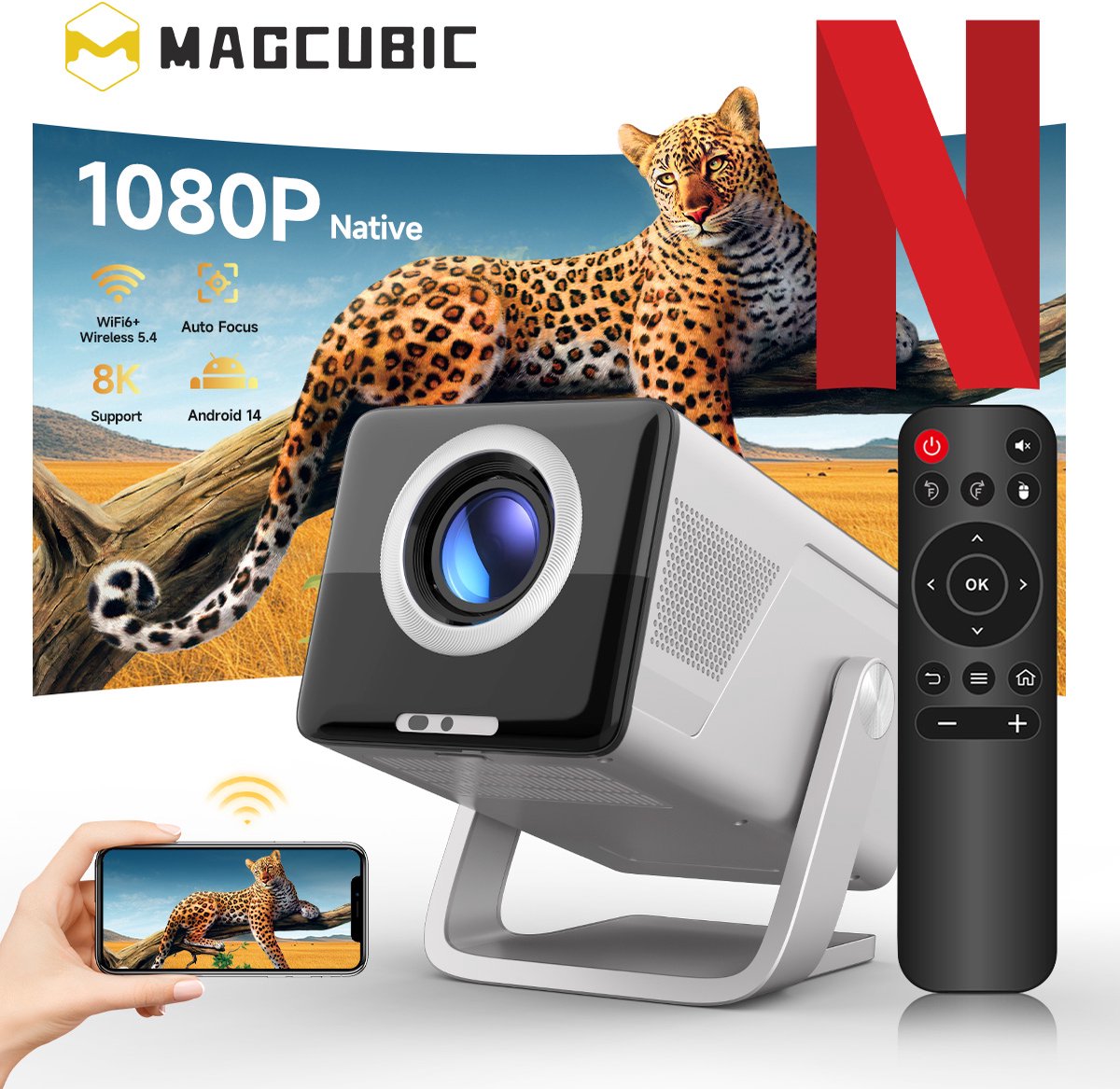 Magcubic X7 Mini Beamer - 8K support – Full HD 1080P Projector – WiFi 6 & Bluetooth 5.4 – Auto Focus & Keystone – Smart Android Beamer voor Thuisbioscoop & Outdoor