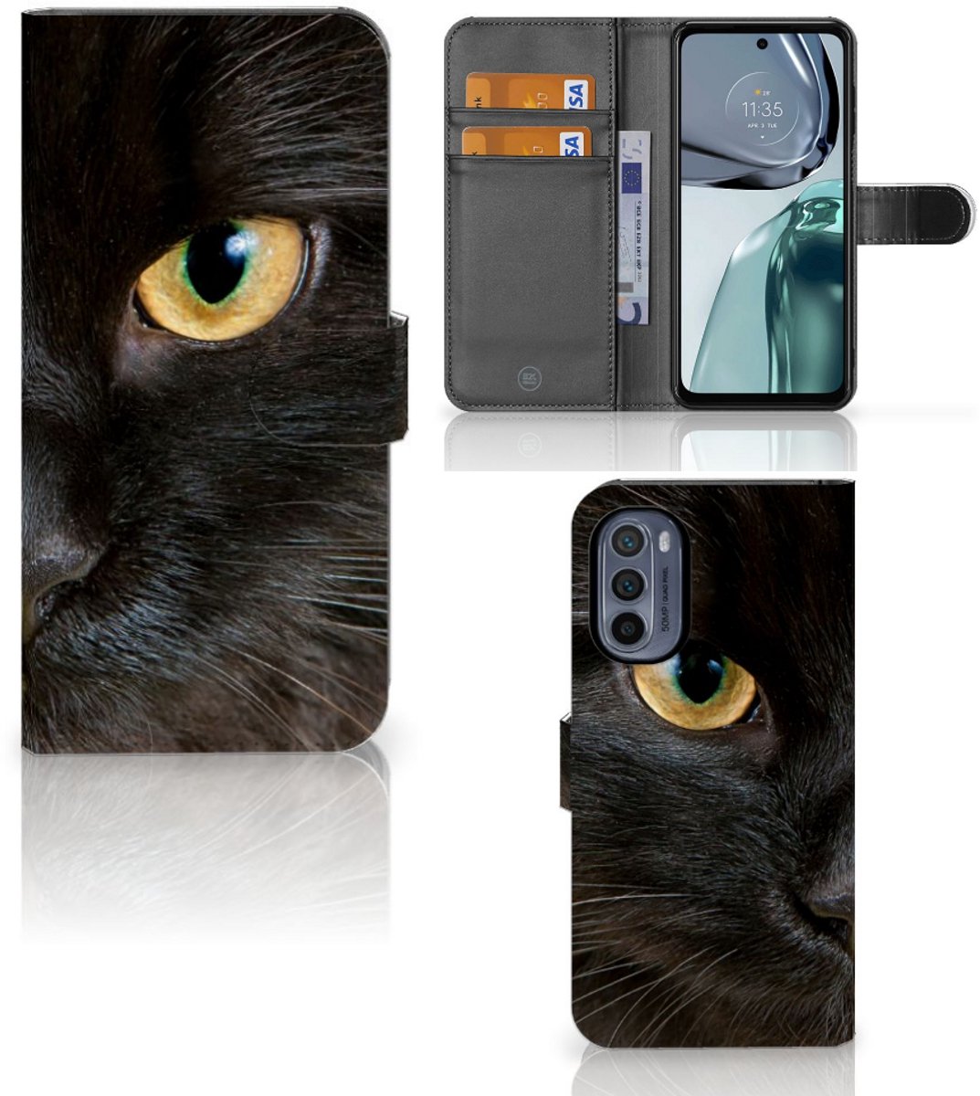 Motorola Moto G62 5G Telefoonhoesje met Pasjes Zwarte Kat