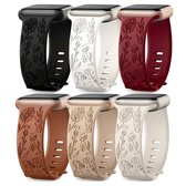 Gemengde kleur horlogebandjes 38 40 41 mm geschikt voor Apple Watch dames met bloemen gravure, siliconen smartwatch bandjes set van 6 vervangende horloge bandjes met gesp