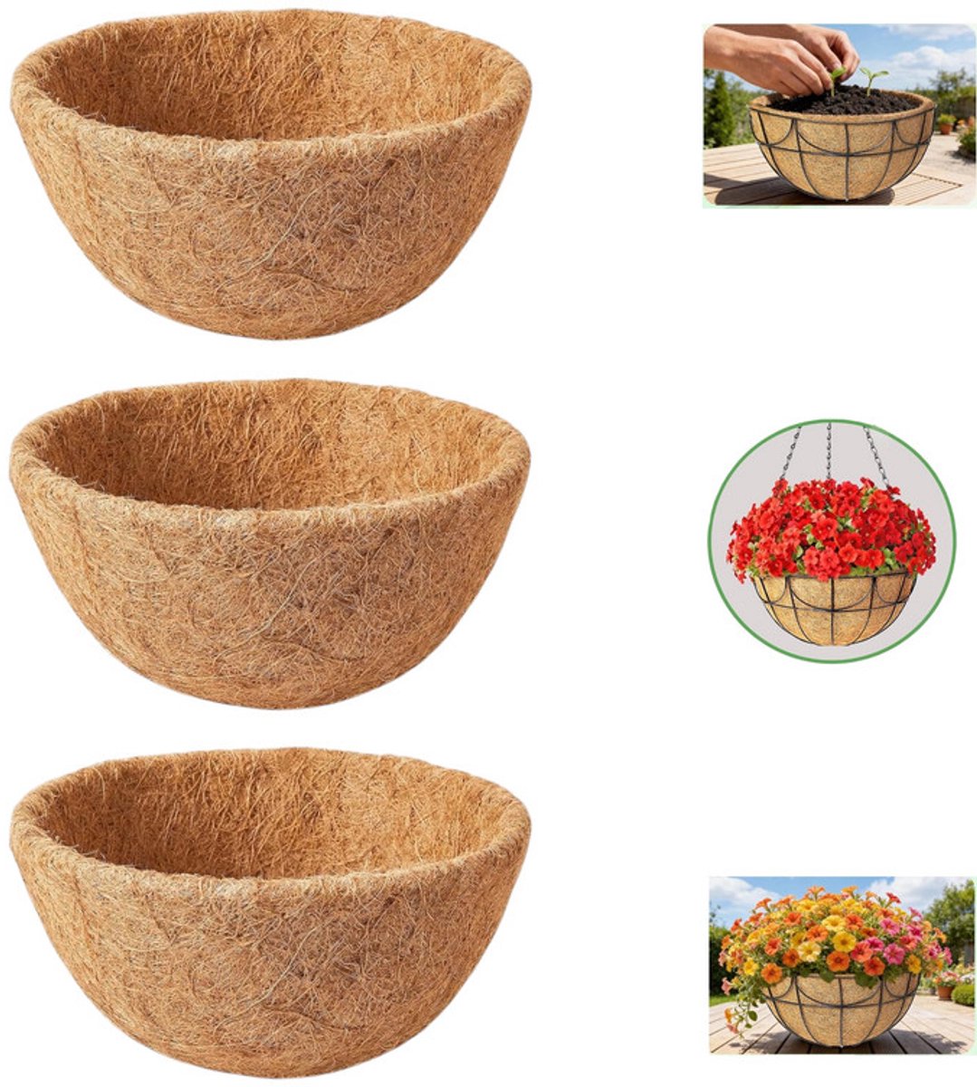 3 stuks Kokosvezel voering - Kokos inlegvel - Inlegvel - kokos - Voorgevormde inlegvel kokos - Vervangende inleg - voor Hangmanden - 25cm - voor hangmanden met Bloemen - Groenten - ronde kokosvezels