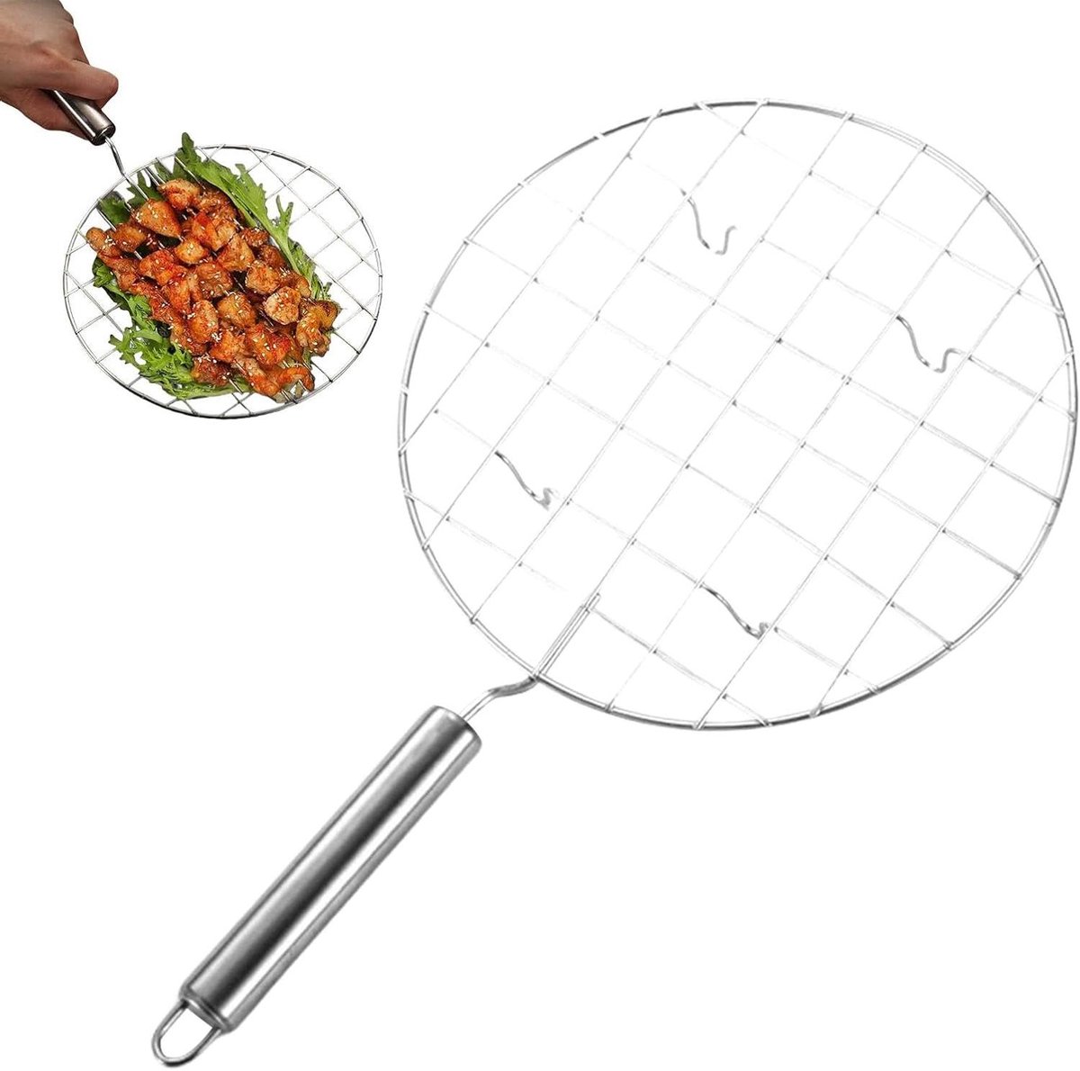 RVS Grillrek - Grillrooster Bakrek - Buiten Koken - Met Handvatten - 19 cm Diameter - Zilver