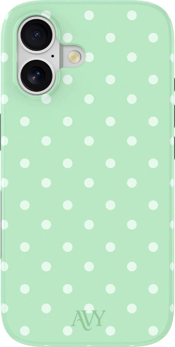 AVY Hoesje geschikt voor Apple iPhone 16 | Mint Breeze | Polka Dots | Matcha & Wit | Hard Shell Back Cover | Compatibel met MagSafe & Qi2