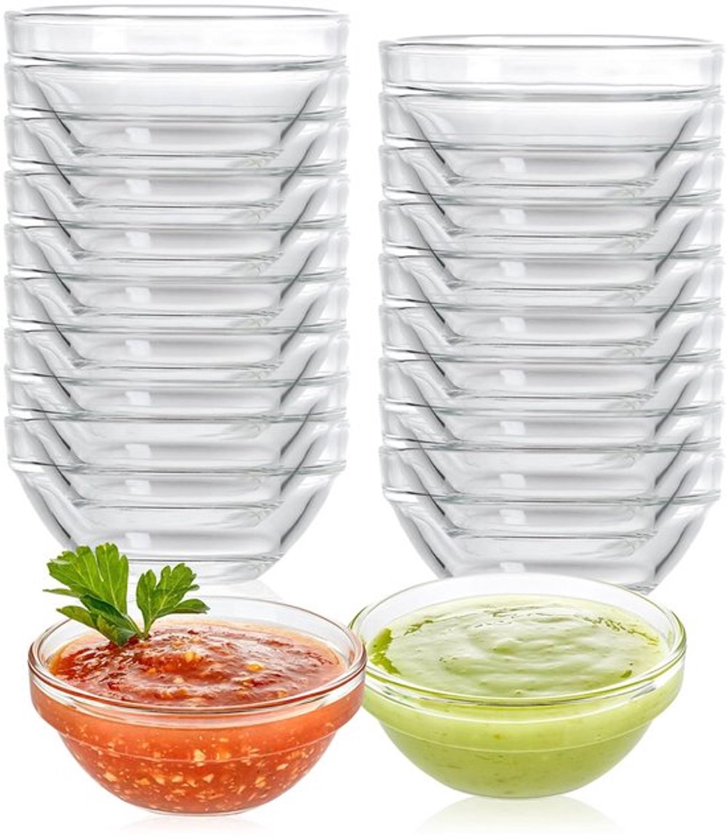 Glazen dessertkommen, set van 20 dipschalen, 75 ml, 7,5 cm, kleine glazen kommen, ronde mini dipschalen, glazen kommen voor sauzen, dressings, voorgerechten, jam, vaatwasser en