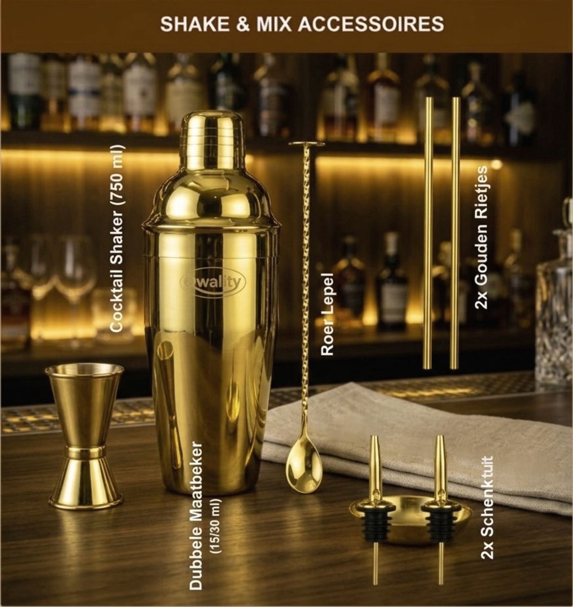 Cocktail Shaker Set (750 ml) - Cocktail Set - Luxe Cadeau voor hem of haar - Cocktailset - Goudkleurig - Qwality® — cadeau in Kookcadeaus - foto 7
