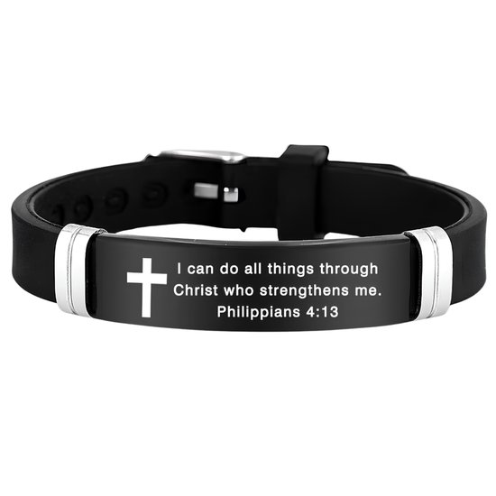Zwarte siliconen armband met een RVS plaatje, voorzien van een kruis en de tekst: 'I can do all things through Christ who strengthens me. Philippians 4:13'.