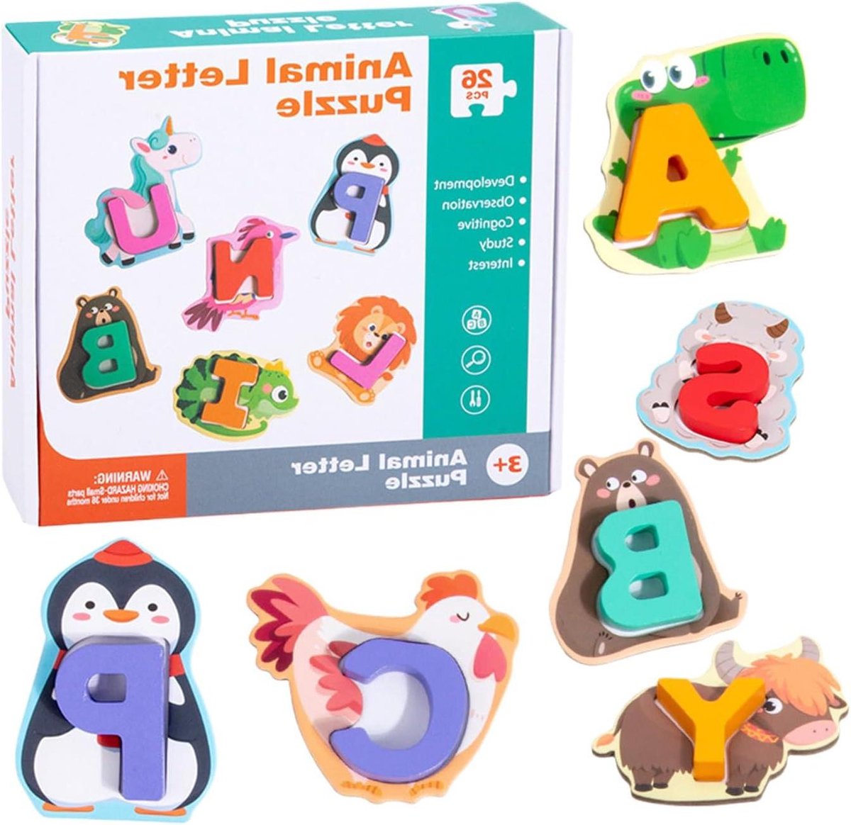 Alfabet Puzzels - Dierenletters Puzzel - Educatief Spelen - 26 Stuks - 23 x 20 cm - Multicolor