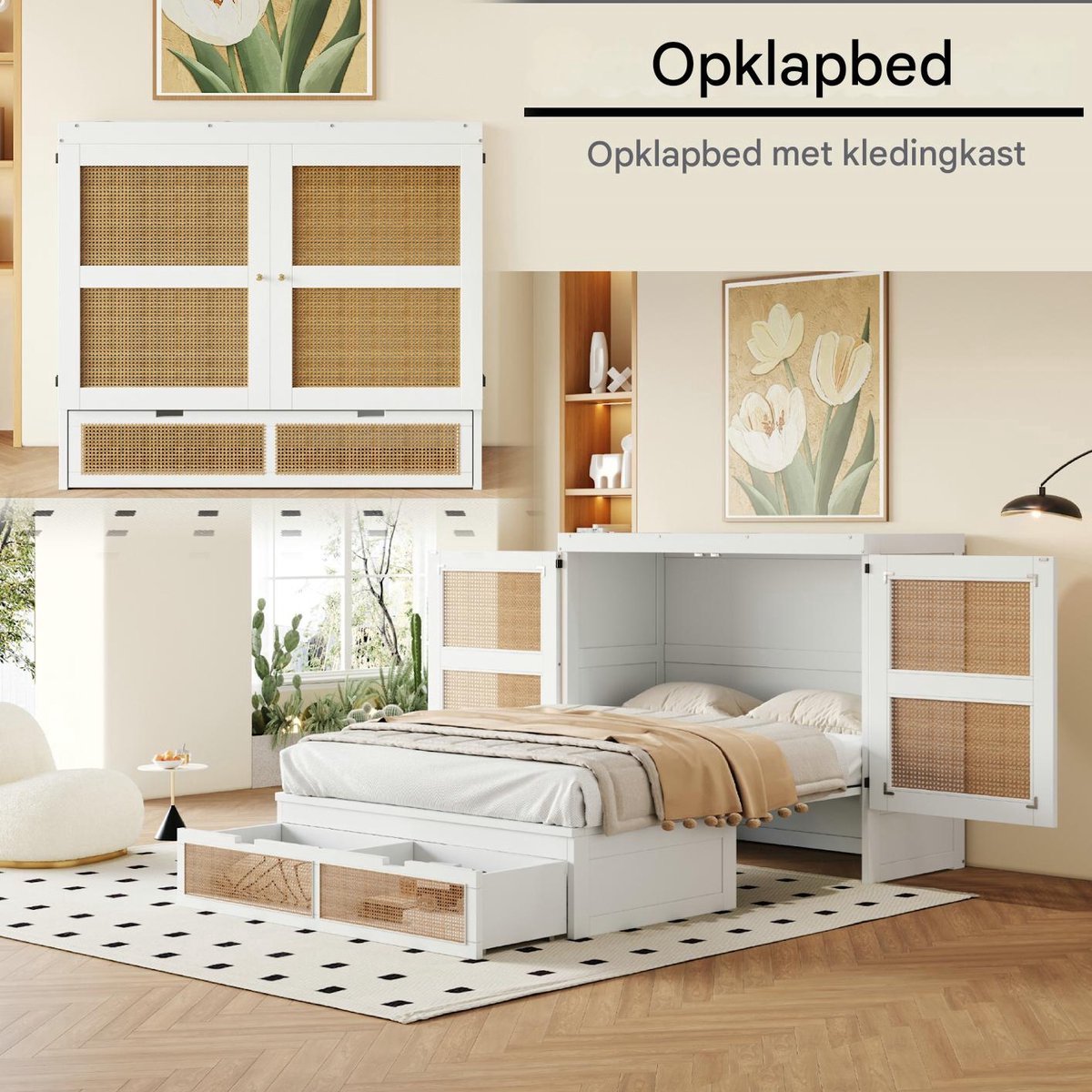 VVBV Opklapbed 140x200 – Wandbed – met Lattenbodem en Opbergruimte – Ruimtebesparend – Hout – Wit – Rattan Front – Lades – Vouwbed