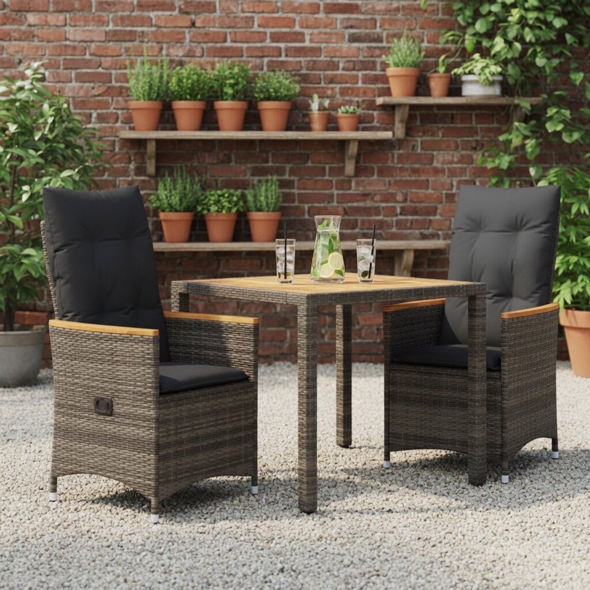 3-Delige Bistroset Grijs Polyrotan met Acaciahouten Tafel - 2 Verstelbare Tuinstoelen met Kussens - Weerbestendige Bistro Tuinmeubelen voor Terras en Balkon - Tuinset 2 Personen - IndustroHome