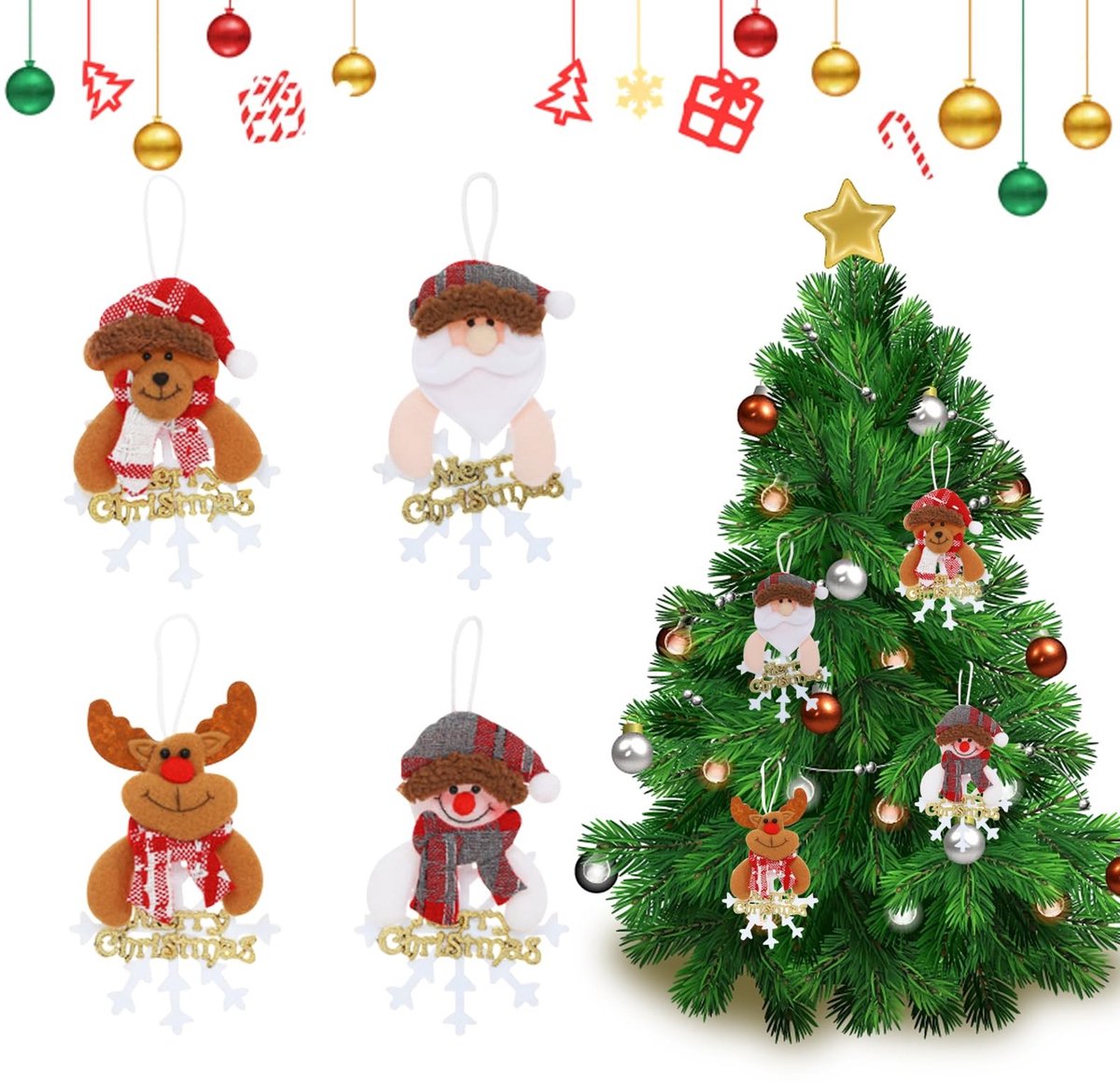 ONF3 - Kerstboom Hangdecoraties - Snoepige Kerstfiguren voor Kinderen - Set van 4 - Santa en Sneeuwman - Creatieve feestversiering - Geschikt vo...