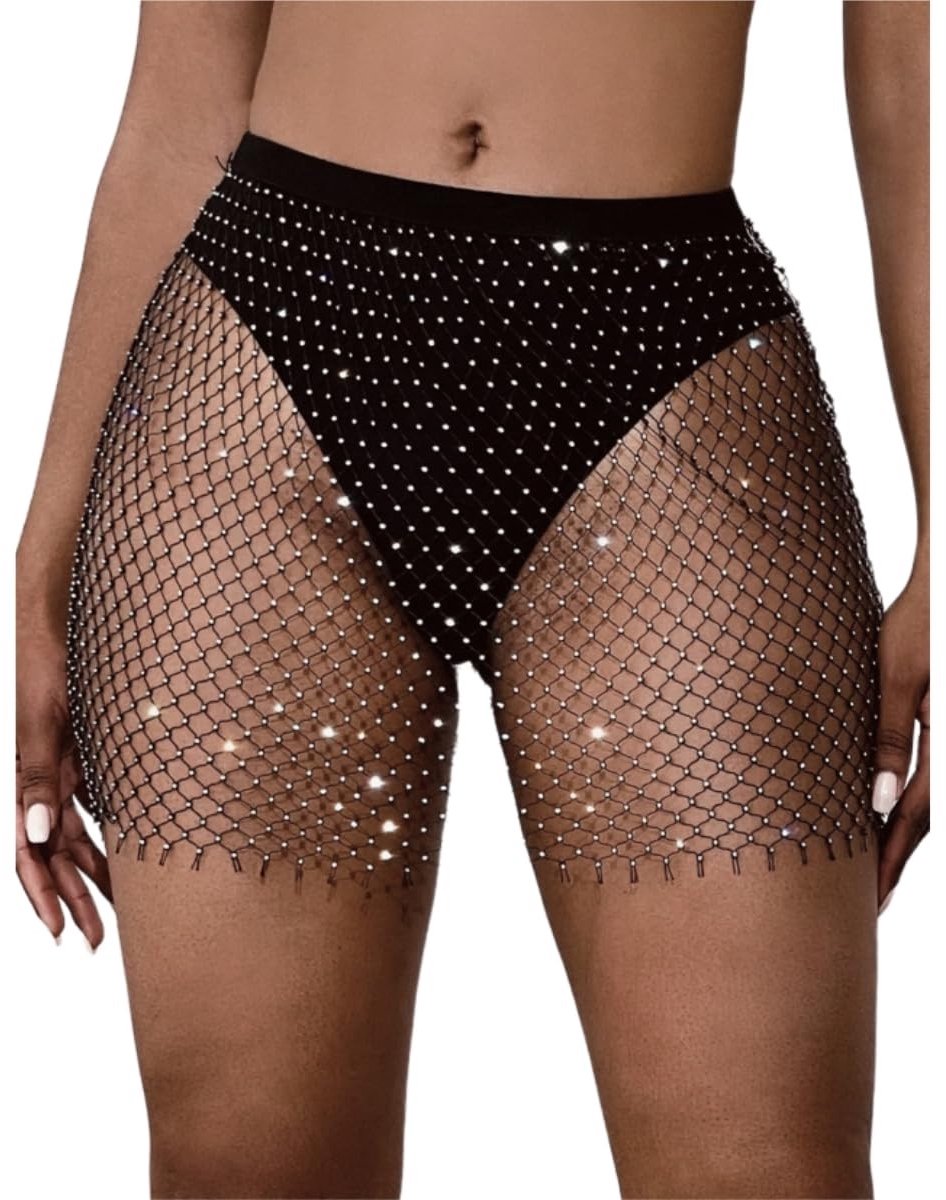 SPHProducts - Dames Glitter Mesh Mini Rok - Transparant - Perfect voor Festivals en Clubs - Rhinestone - Stijlvolle Outfit - Geschikt voor Feestjes - G...