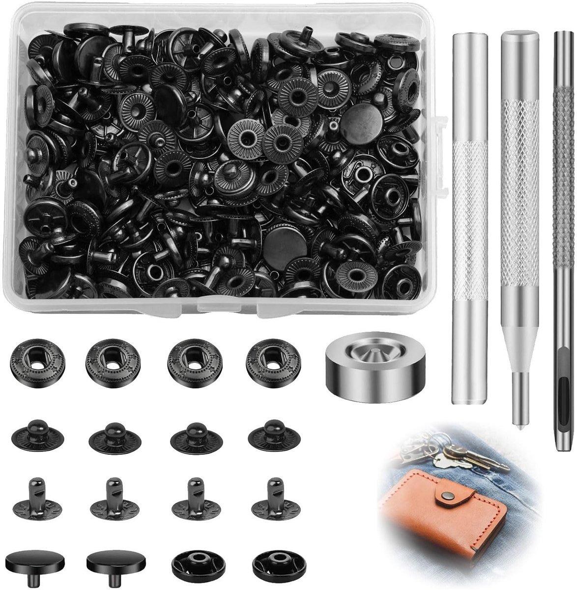 ONF3 - Drukknop Set - 12 Delen - Handig voor Ambachten - Zwart - Inclusief Tang - Voor Leerbewerking - 15 mm
