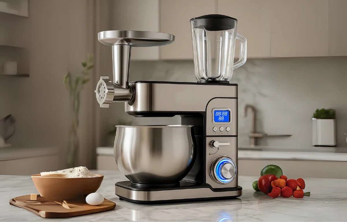 Swiss Haus® KM2206BG Keukenmachine 1300W – 6L RVS Mengkom – Keukenrobot met Timer & LED Display – Foodprocessor met Blender 1.5L & Vleesmolen – 6 Snelheden + Pulse – RVS — afbeelding 7