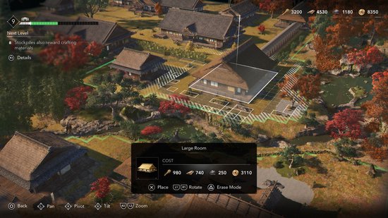 Een bovenaanzicht van een Japanse nederzetting met traditionele huizen en tuinen, met bouwelementen.