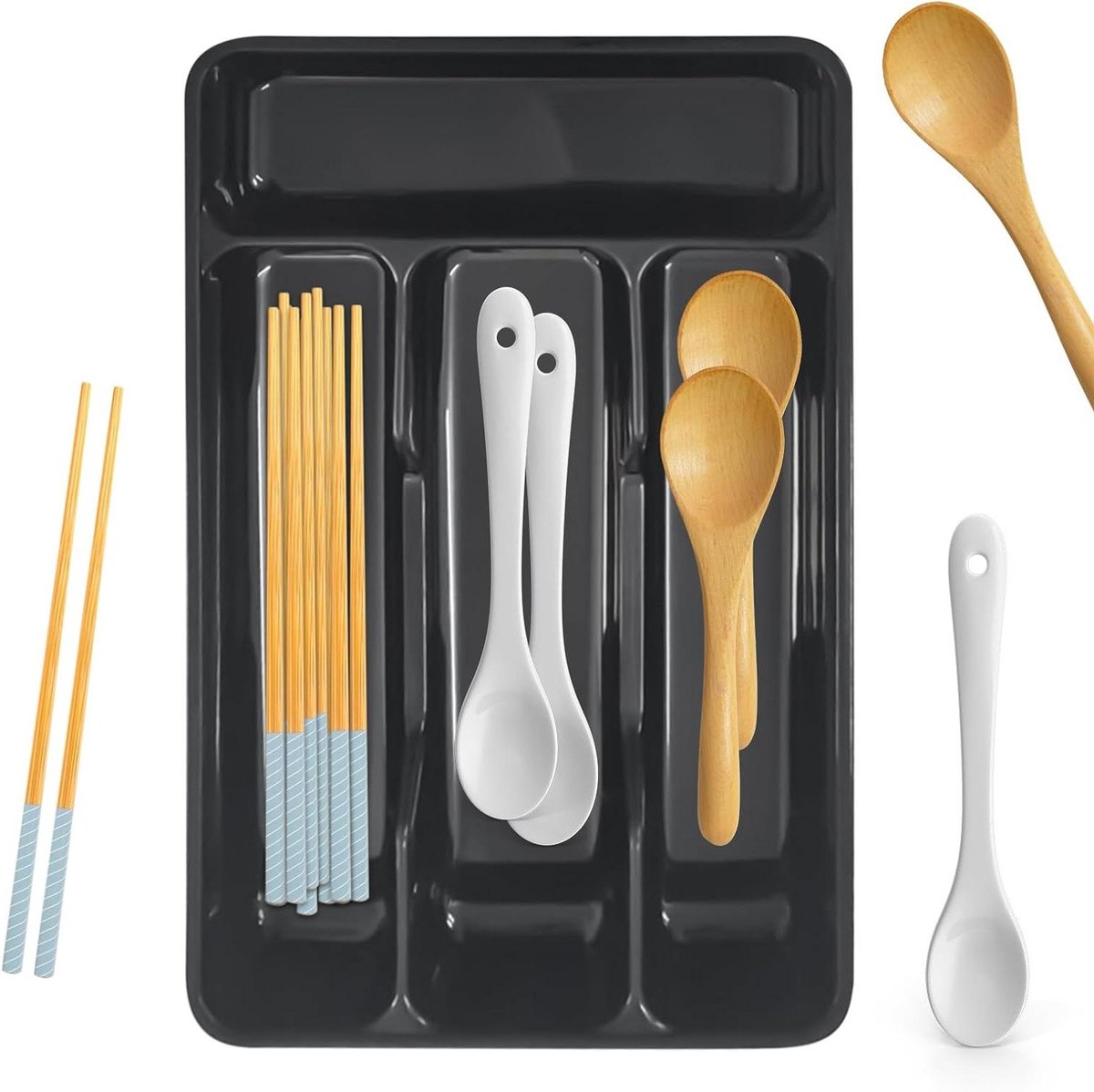 Besteklade Organizer - Lade Indeler - Keuken Ordenen - Vier Vaks Indeling - 20 x 3.8 cm - Zwart