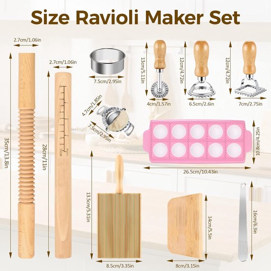 Pasta Maken Gereedschap - Knoedel Kit - Thuis Italiaans Koken - 11 Delige Set - 800 Gram - Houtkleur — afbeelding 5