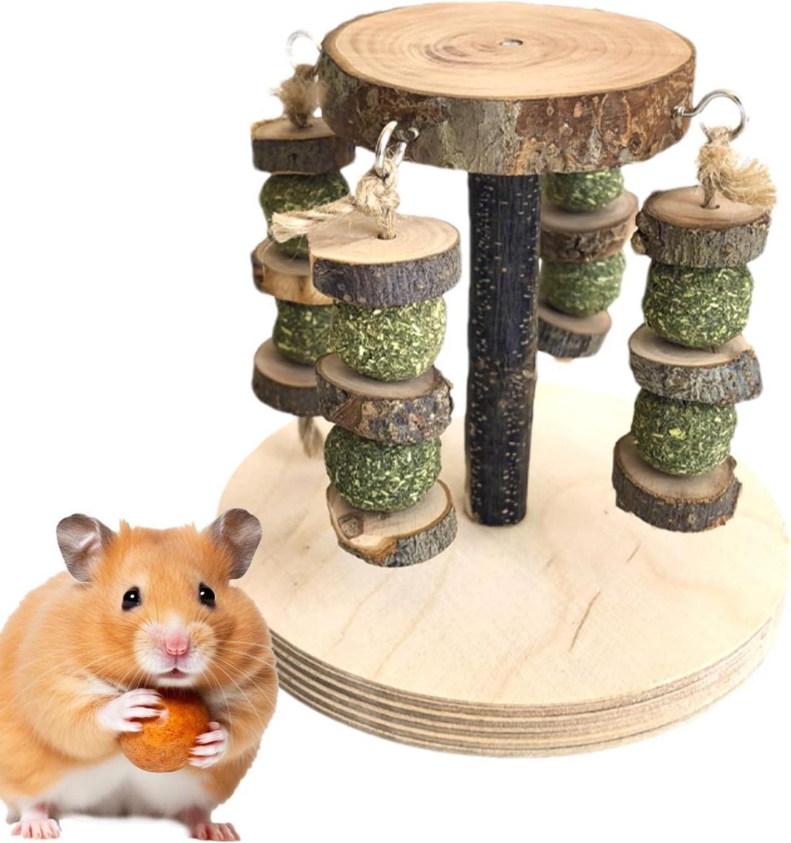 Hamster Kauwspeelgoed - Houten Knager Speelgoed - Tanden Slijpen - Natuurlijke Grasbal - 14 x 13 cm - Natuurlijk
