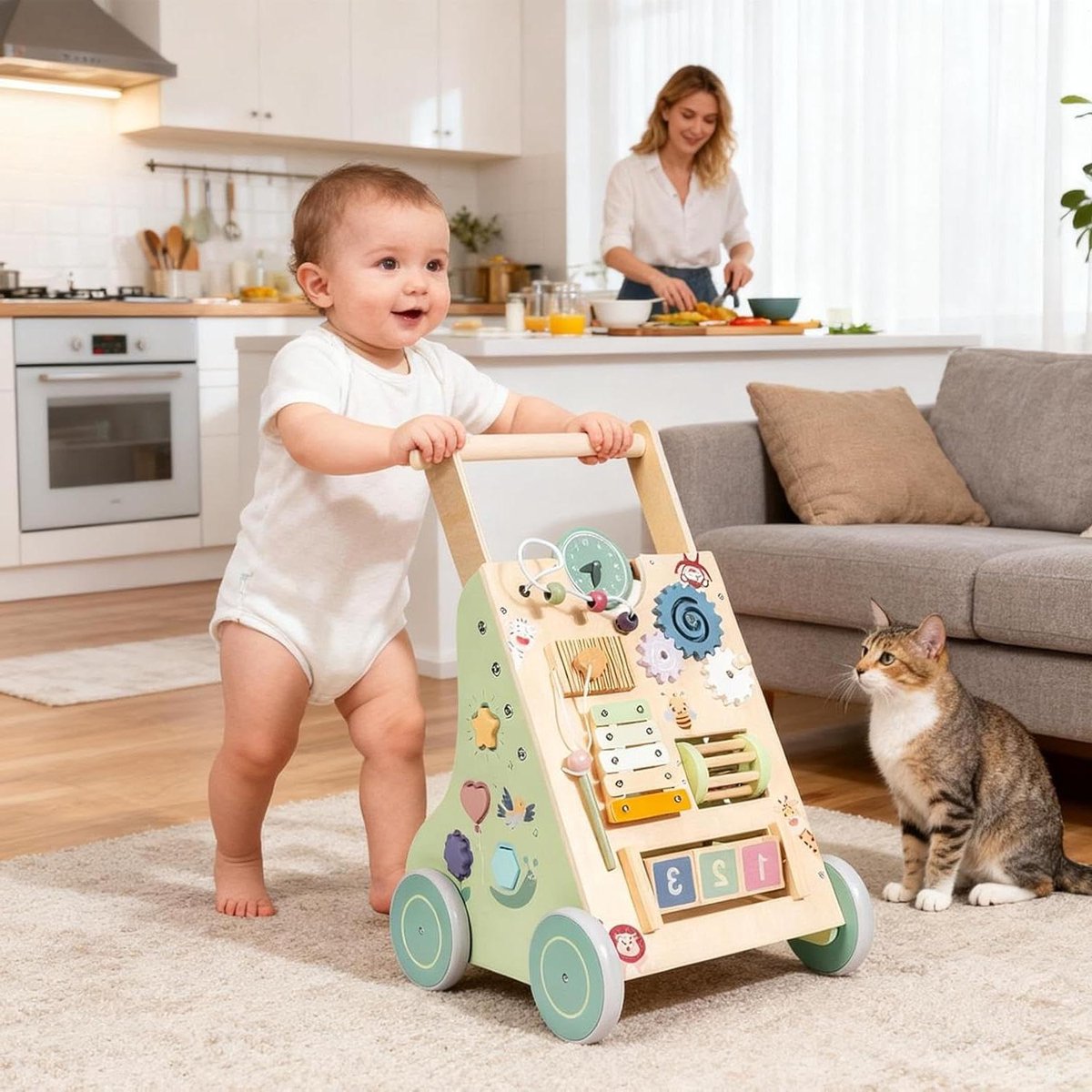 Houten loopwagen - Duwspeelgoed Loopfiets - Leren Lopen - Verstelbare Handgreep - 445 x 35 x 14 cm - Niet gespecificeerd