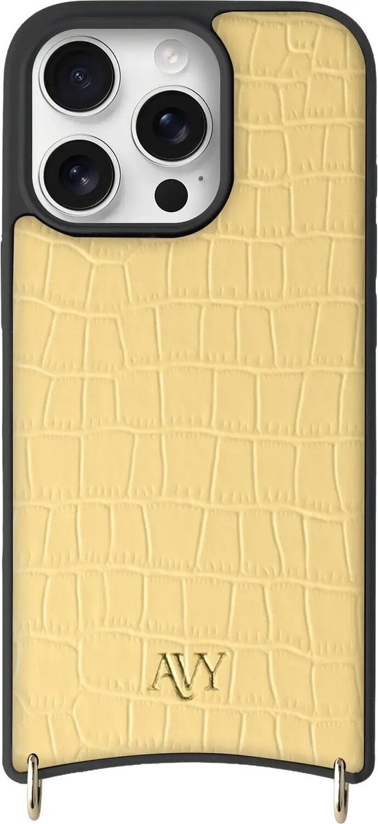AVY Leren Hoesje geschikt voor Apple iPhone 16 Pro Max | Compatibel met MagSafe | Leather Case | Back Cover | Haakjes voor koord | Croco Geel