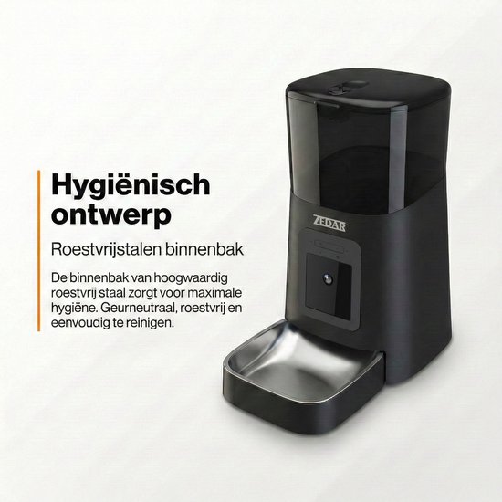 Zwarte automatische voerbak met roestvrijstalen binnenbak en "Hygiënisch ontwerp".